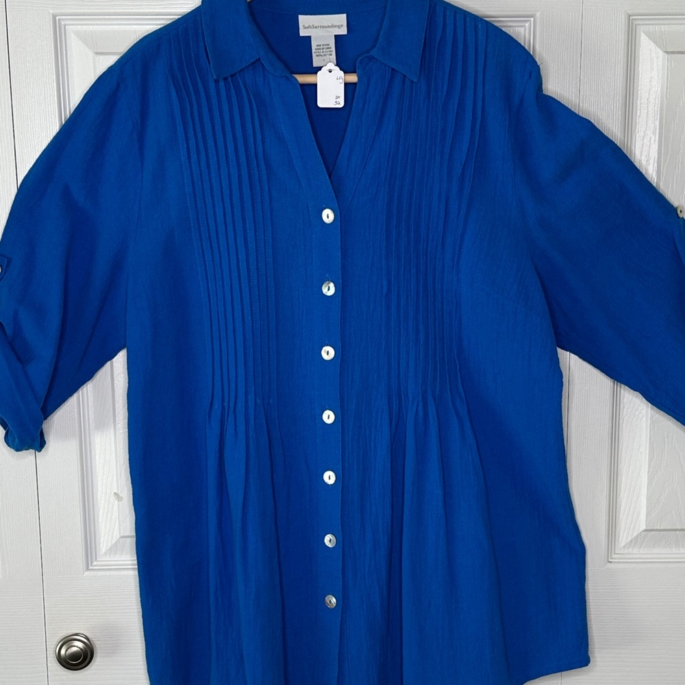 Soft Surroundings 100% Cotton Royal Blue Button Down Tunic Feminine & Flattering - Picture 5 of 9